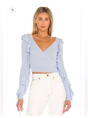 Tularosa Light Blue Ruffled Wrap Crop Sweater
